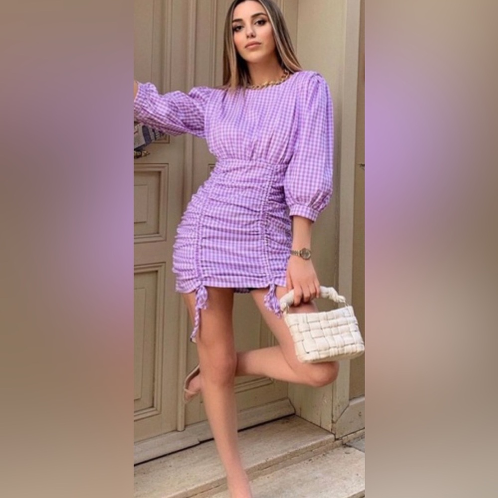 ZARA Bloggers Fav Mini Dress Purple White Gingham Ruched Skirt Balloon Sleeve XS